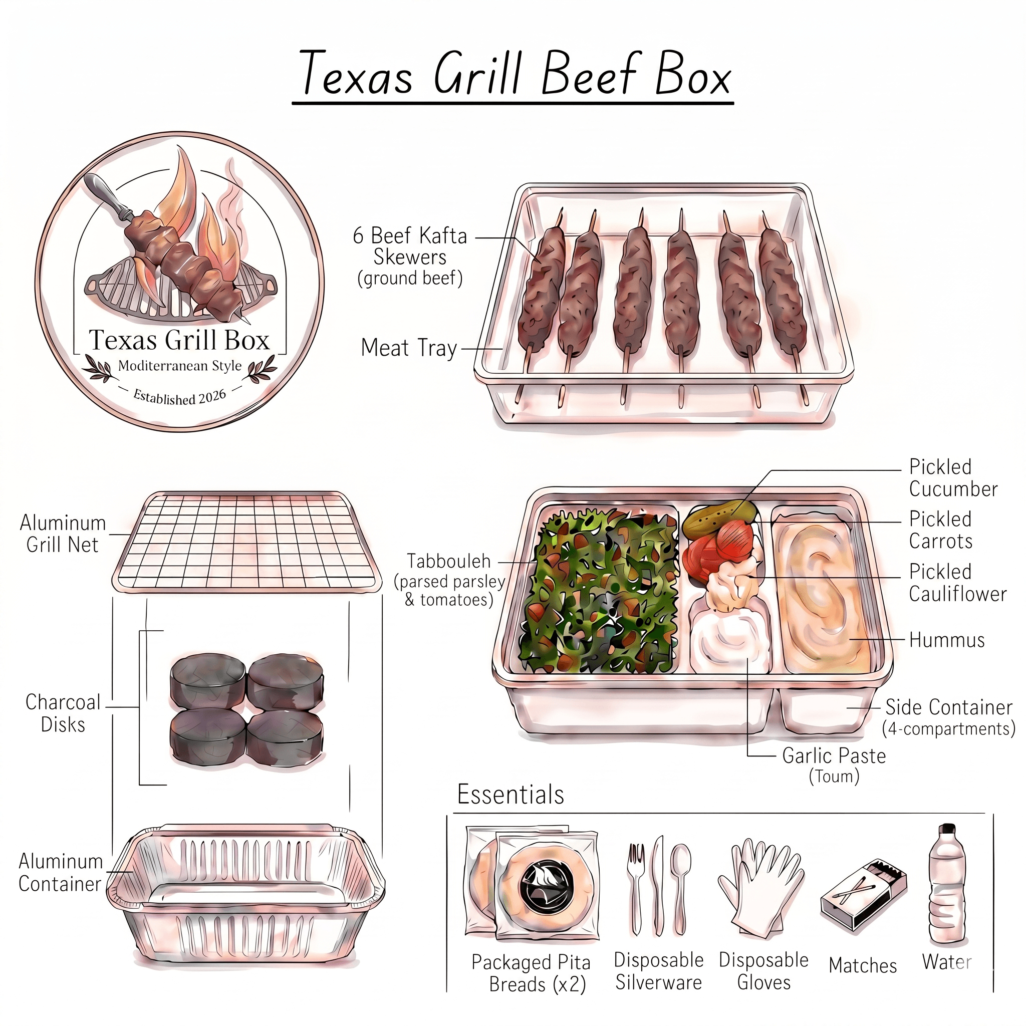 Beef Texas Grill Box - 6 Skewers Beef Kafta - 4