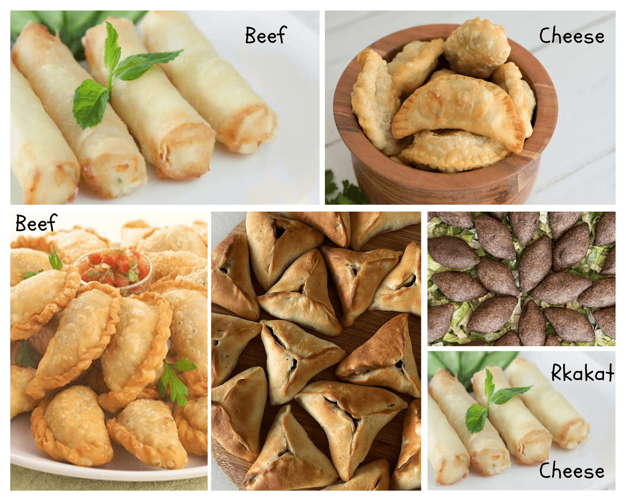 Six Favorite Dishes, Kibbeh, Spinach pies, Rkakat Cheese & Beef, Sambousek Cheese & Beef - Image 1