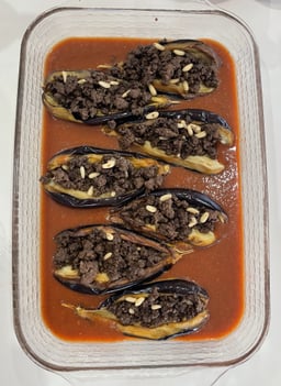 Sheikh El Mehshi - Eggplants With Spiced Organic Beef, Pine Nuts And Side Of Rice