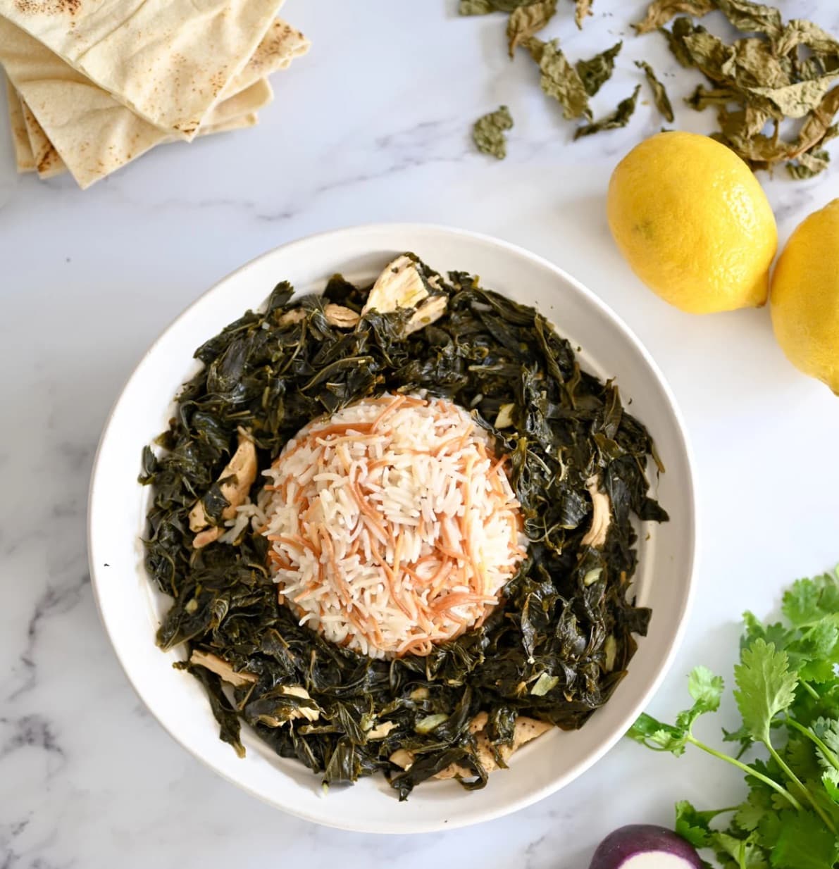 Family Molokhia Beirut Style with Chicken - Slow Cooked Tender Jute Leaves