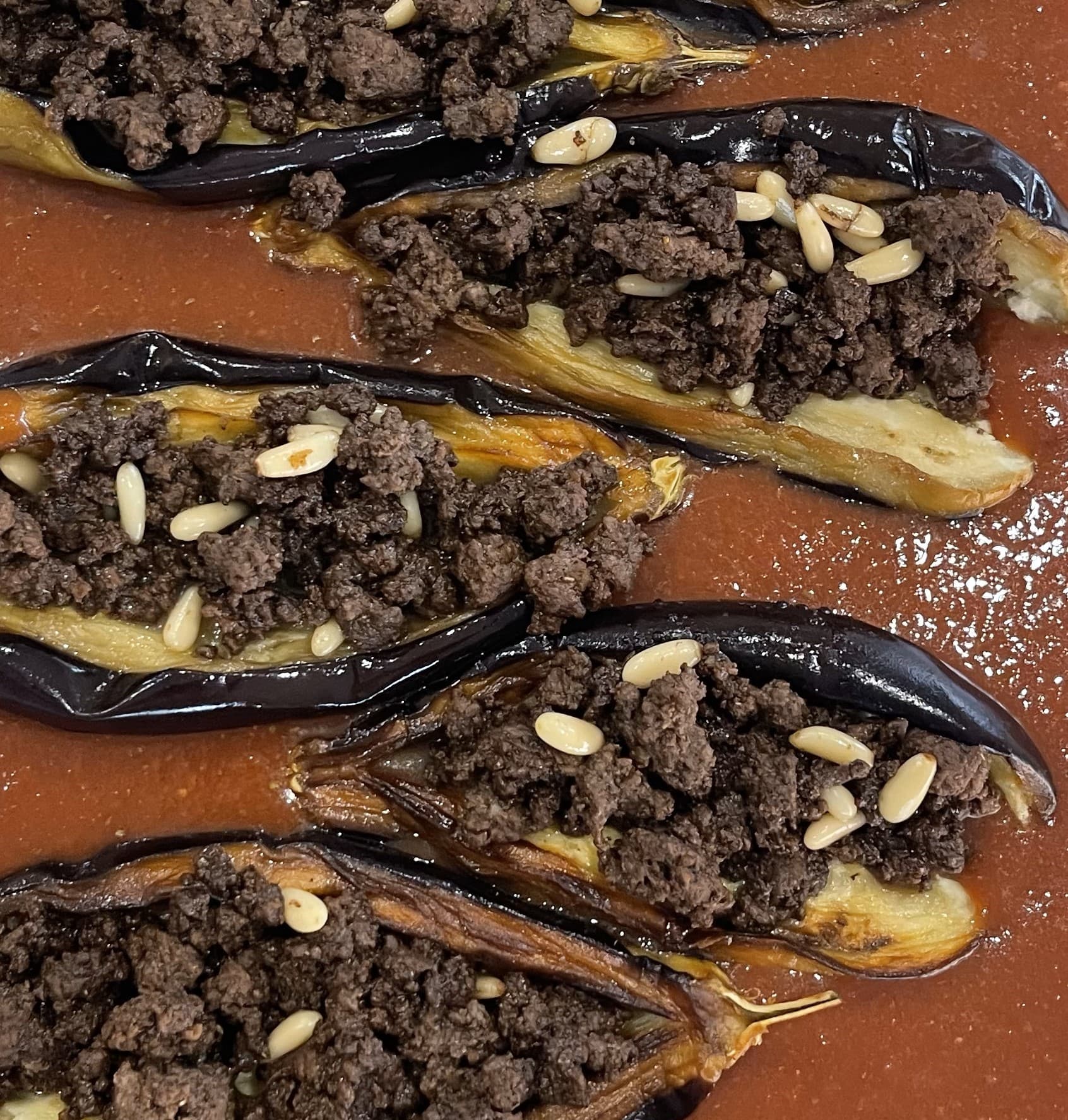 Eggplants With Spiced Beef, Pine Nuts And Side Of Vermicelli Rice
